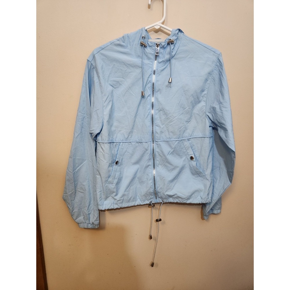 Ci Sono Light Blue Windbreaker Jacket SZ Small Hooded Drawstring Waist Full Zip